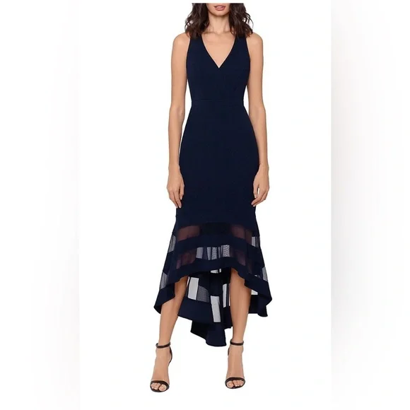 ❤️XSCAPE Womens Navy Zippered Sleeveless V Neck Midi Cocktail Mermaid Dress - Picture 4 of 9